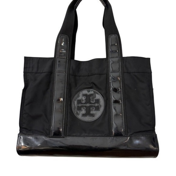 Tory Burch Handbags - Tory Burch Black Nylon Patent Leather Trim Lightweight Everyday Tote Bag